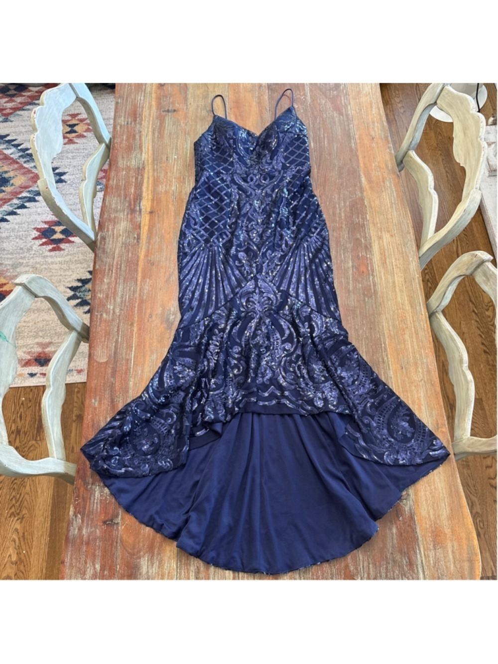 BARIANO Australia NWT Navy Blue Sequin Mermaid Gown Dress High Low Hem Size 8